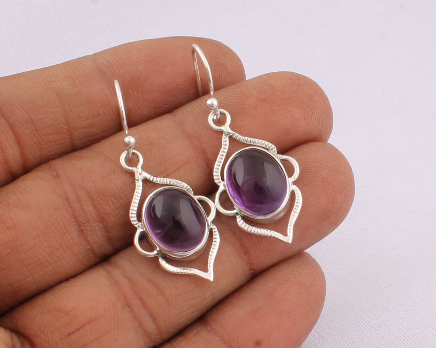 925 sterling Silver Boho Earring Amethyst Gemstone Earring Cabochon Stone Boho Earring 925-Sterling Solid Silver Earring HandmadeCyber2021