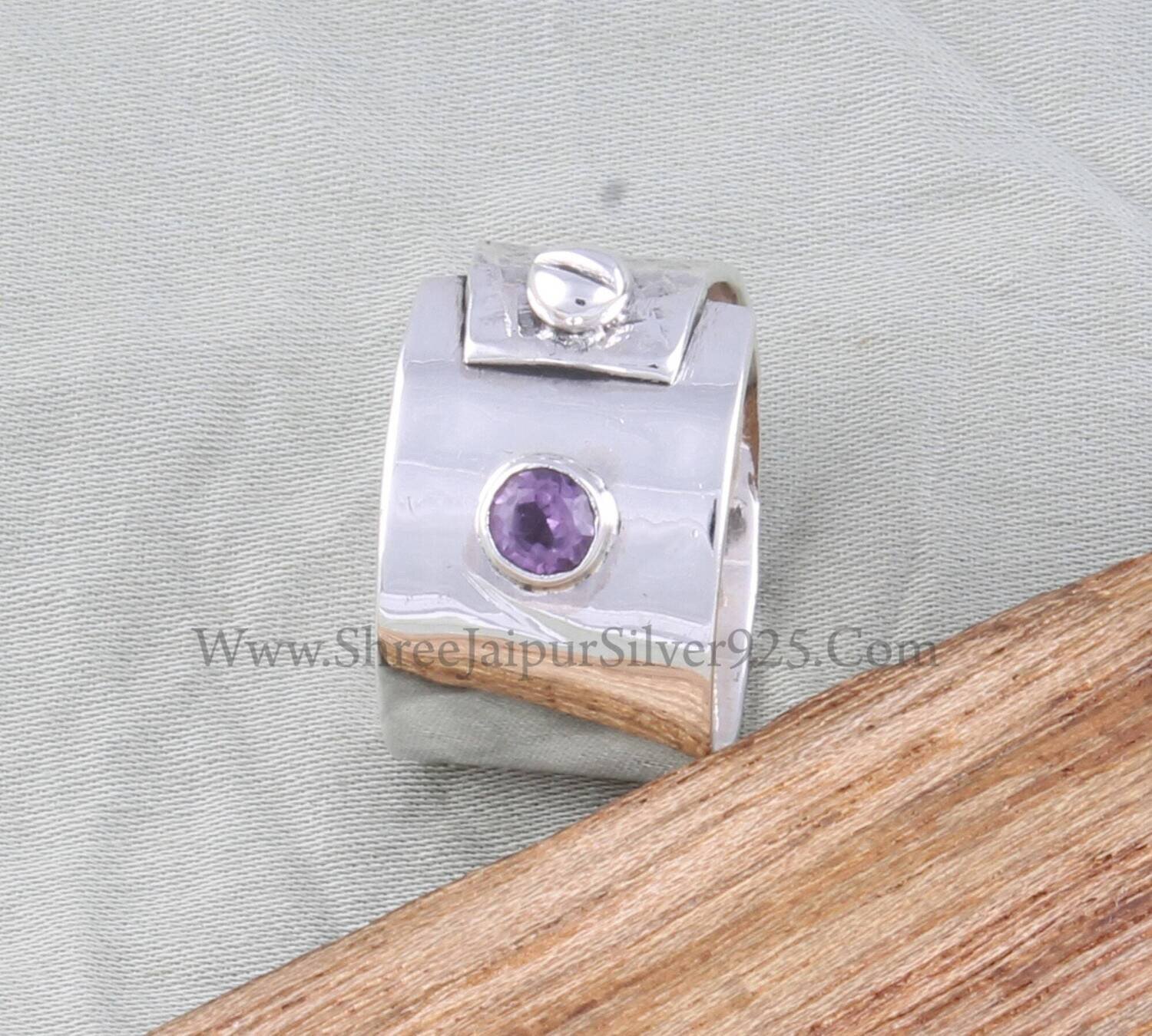 Natural Amethyst Round Cut Solid 925 Sterling Silver Ring For Women, Handmade Silver Textured Designer Band Ring For Wedding Anniversary Her