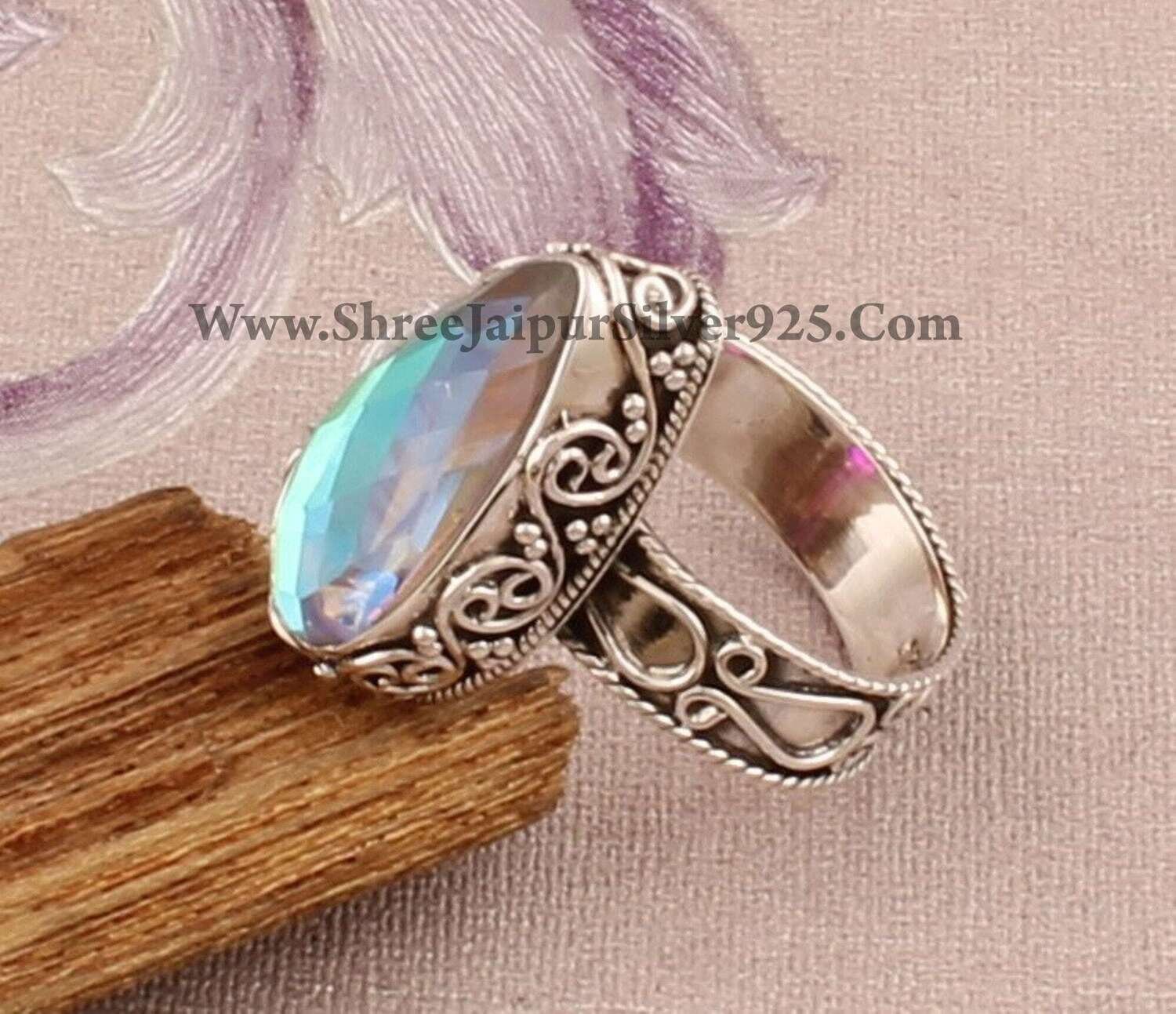 925 Sterling Silver Faceted Rainbow Quartz Gemstone Ring, Designer Handmade Engraved Silver Ring, Valentine's Day Gift Idea, Etsy Cyber 2021