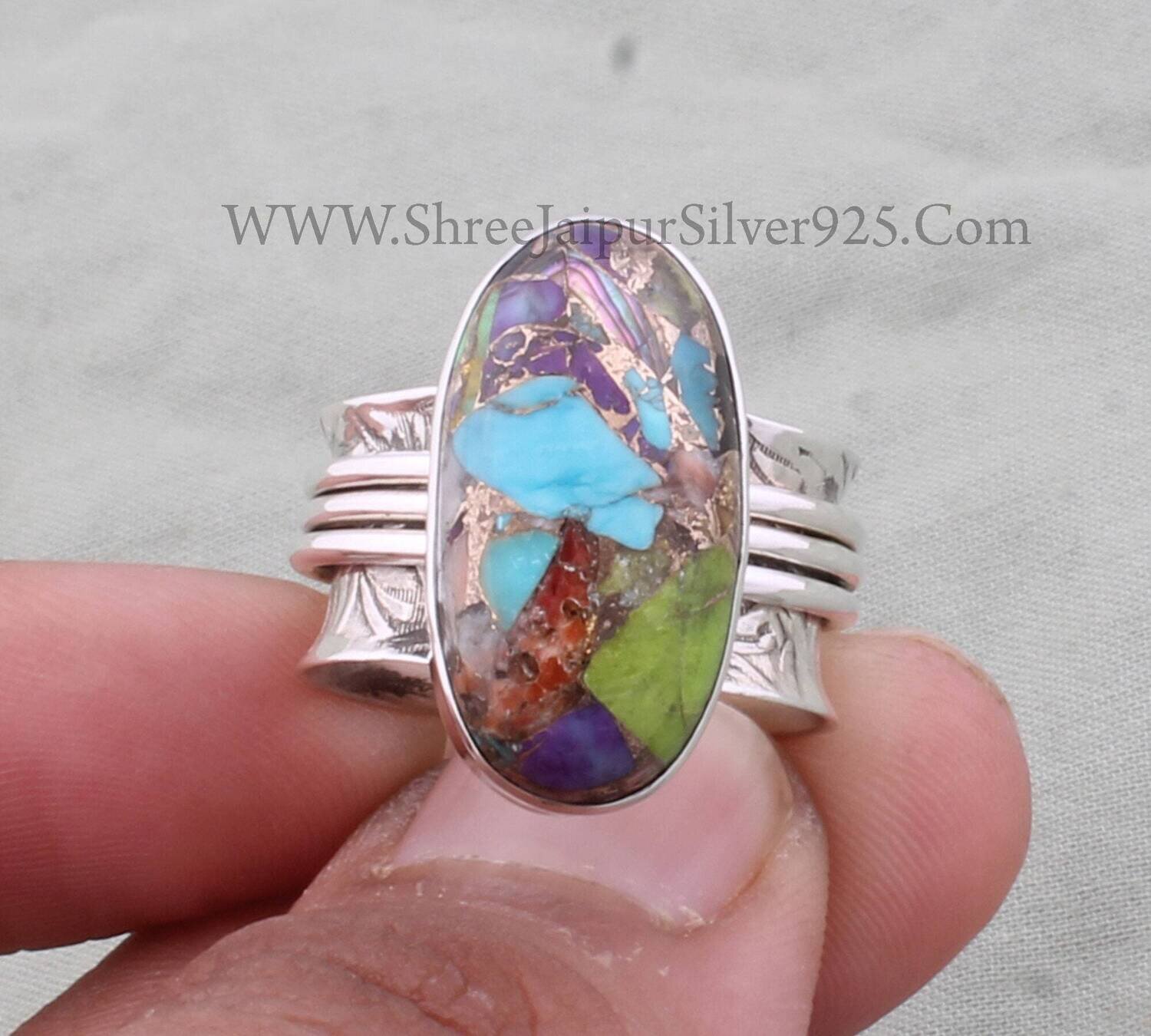 Mix Copper Oval Gemstone Spinner Ring, 925 Sterling Silver Hand Carved Band Ring, Handmade Silver Meditation Ring, Boho Fidget Worry Ring