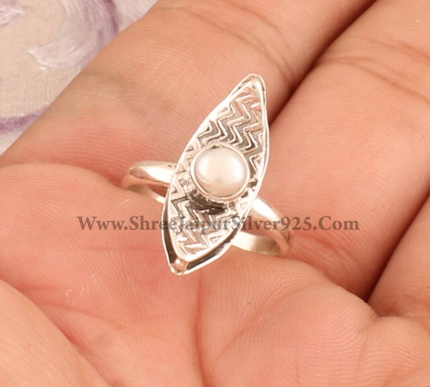 Pearl Wave Solid 925 Sterling Silver Ring For Bridal, Handmade Solid Silver Pearl Ring For Bridesmaid Gift, Wedding Pear Boat Ring For Women