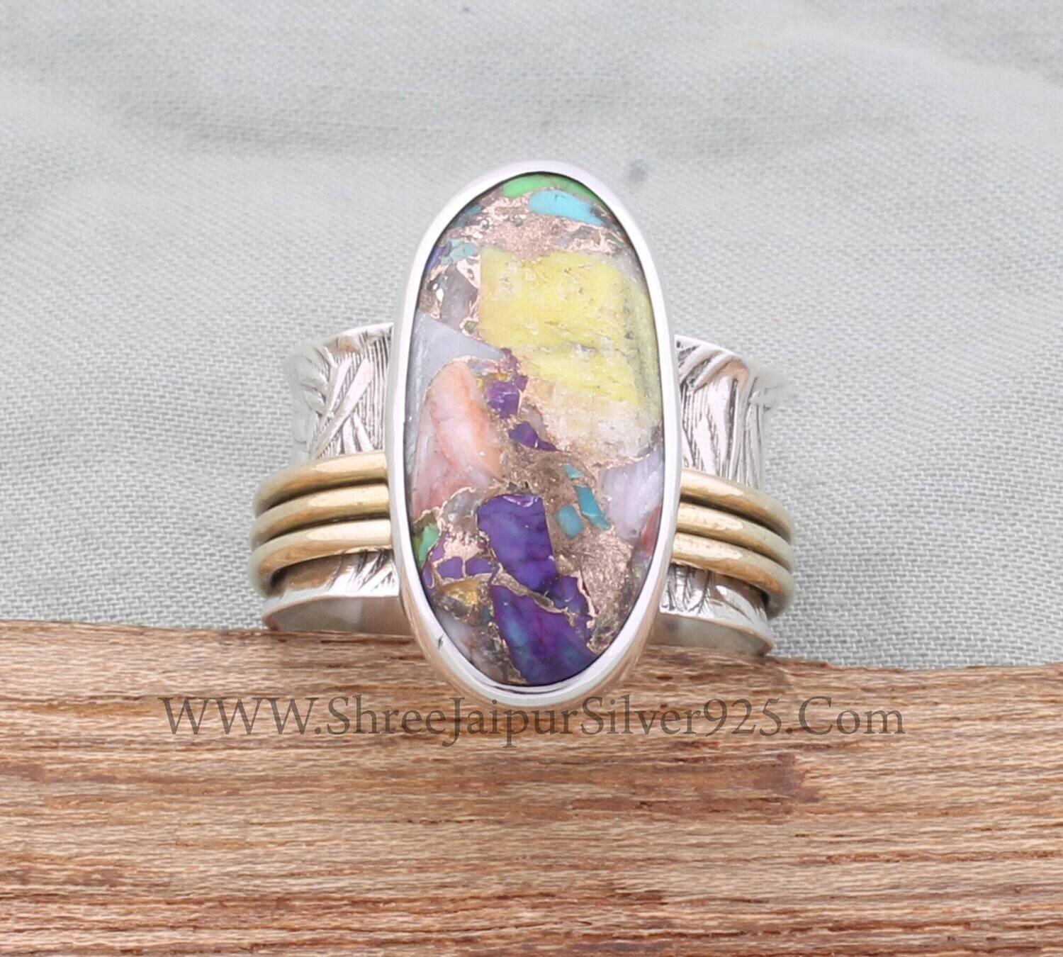 Mix Copper Turquoise Oval Gemstone Spinner Ring, Solid 925 Sterling &amp; Brass Silver Ring, Handmade Two Tone Meditation Ring, Worry Ring