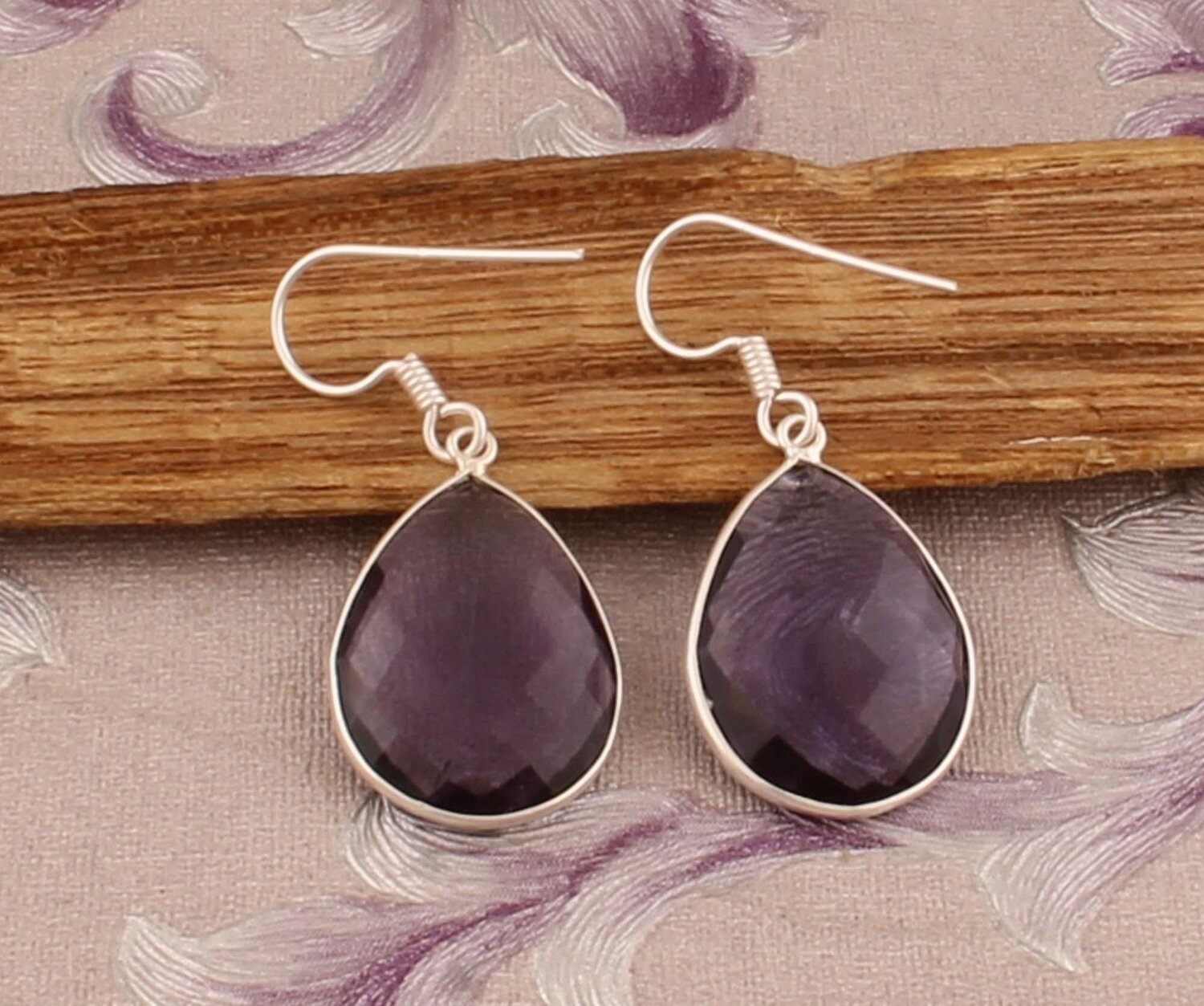 925 Sterling Silver Faceted Amethyst Quartz Earrings, Designer Handmade Bezel Set Pear Silver Earrings, Valentines Day Gift, Etsy Cyber 2021