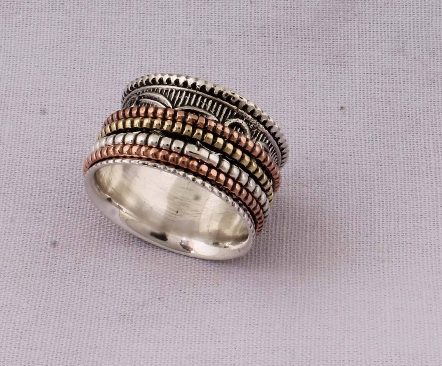 Thumb Ring 925-Antique Silver Ring,Spinner Ring,Meditation Ring,Sterling Solid Silver Ring,Three Tone Ring,Copper+Brass+Silver RingCyber2021