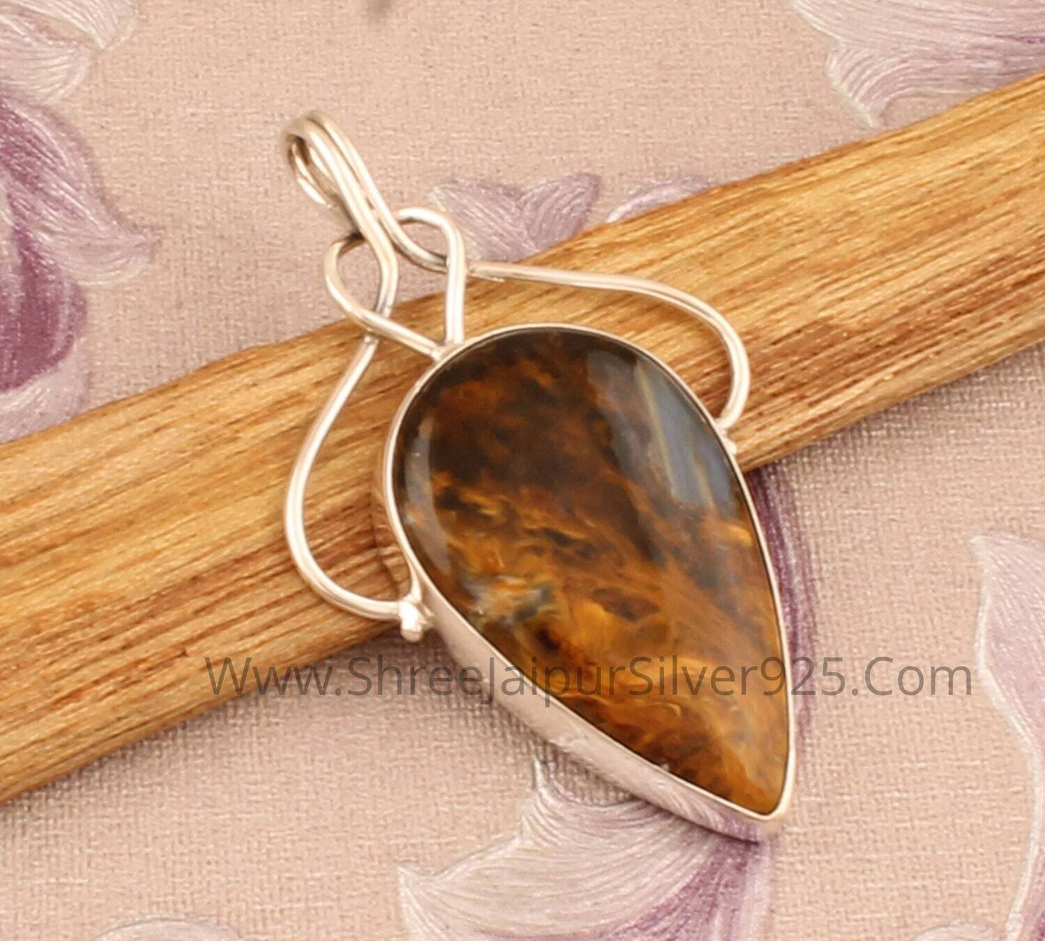 Pietersite Gemstone Solid 925 Sterling Silver Necklace Pendant For Women, Handmade Silver Wire Pear Pendant For Wedding Anniversary Gift