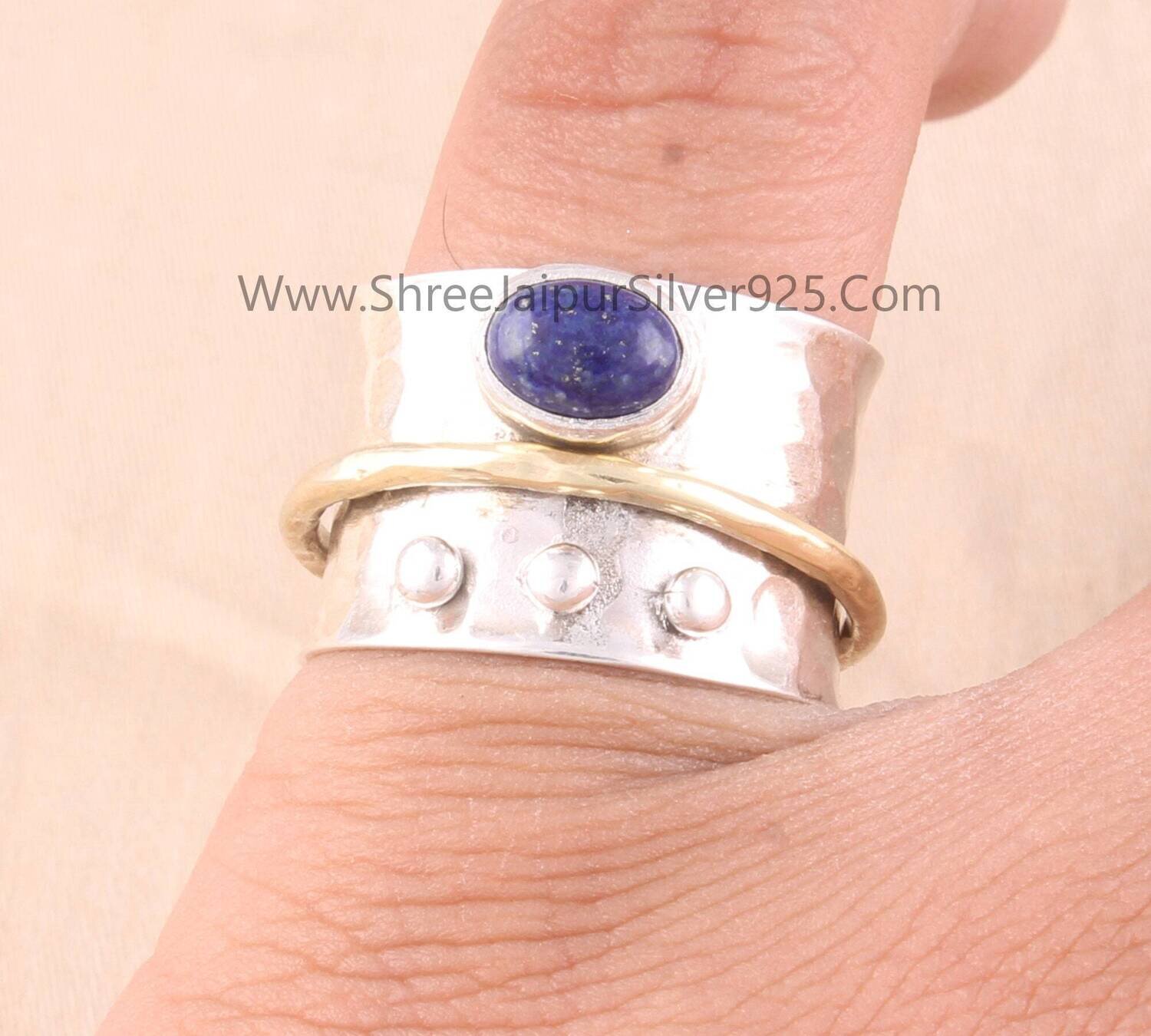 Lapis Lazuli Oval Solid 925 Sterling Silver Spinner Ring For Women, Handmade Hammered Band Two Tone Anxiety Fidget Ring Gift For Anniversary