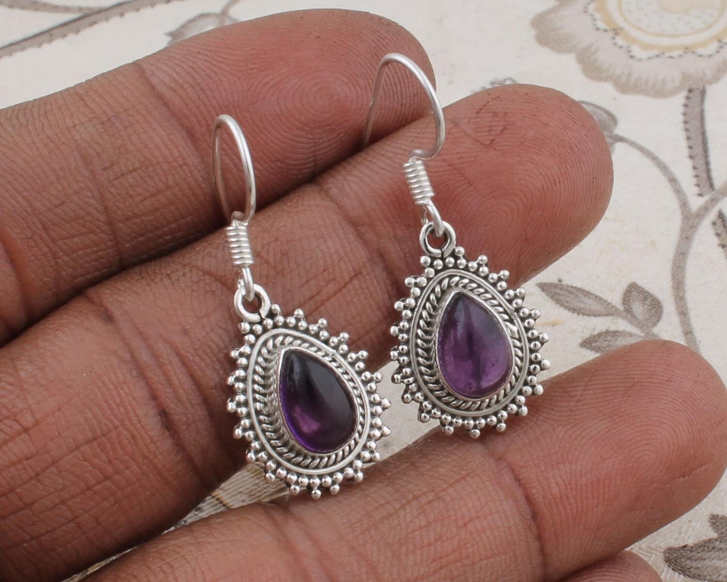 Real Amethyst Top Quality Gemstone Handicraft Earring Cabochon Stone Boho Earring 925-Antique Silver Earring Etsy Cyber Valentine's Day Gift