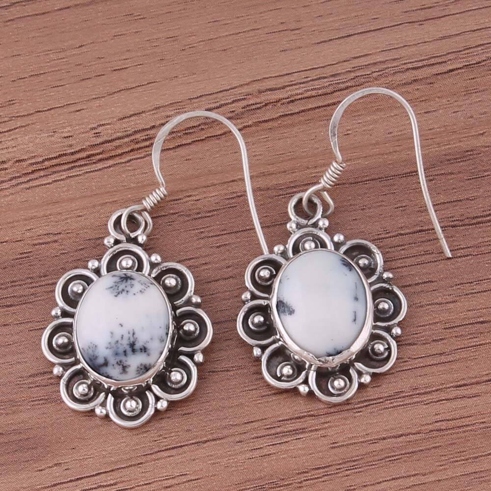 Dendrite Opal Gemstone Handmade 925 Sterling Silver EarringCyber2021Bestseller2021EtsyBirthstone