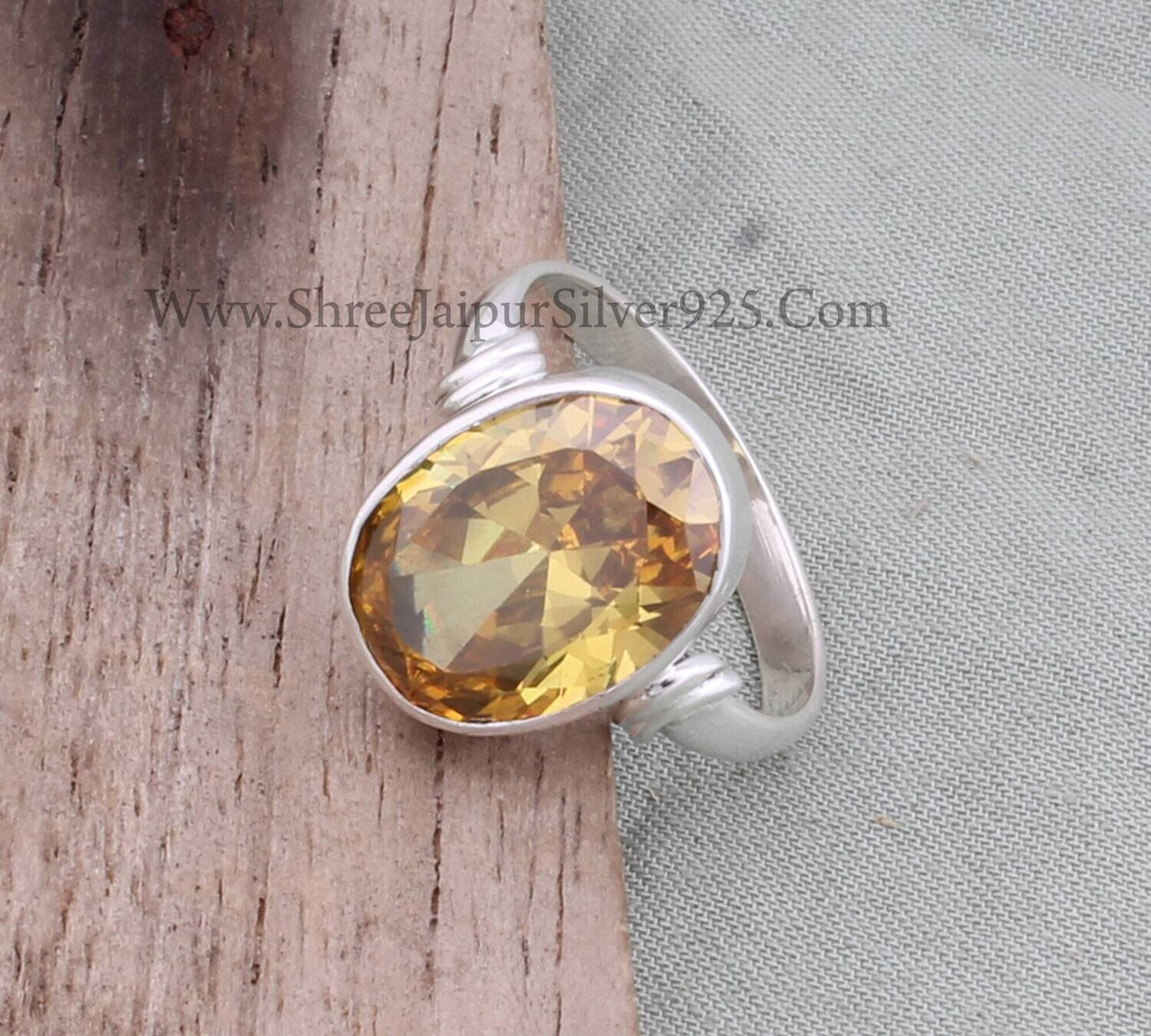 Citrine Yellow Cubic Zirconia Solid  925 Sterling Silver Ring For Women, Handmade Oval Cut Zircon Gemstone Silver Ring Gifts For Anniversary