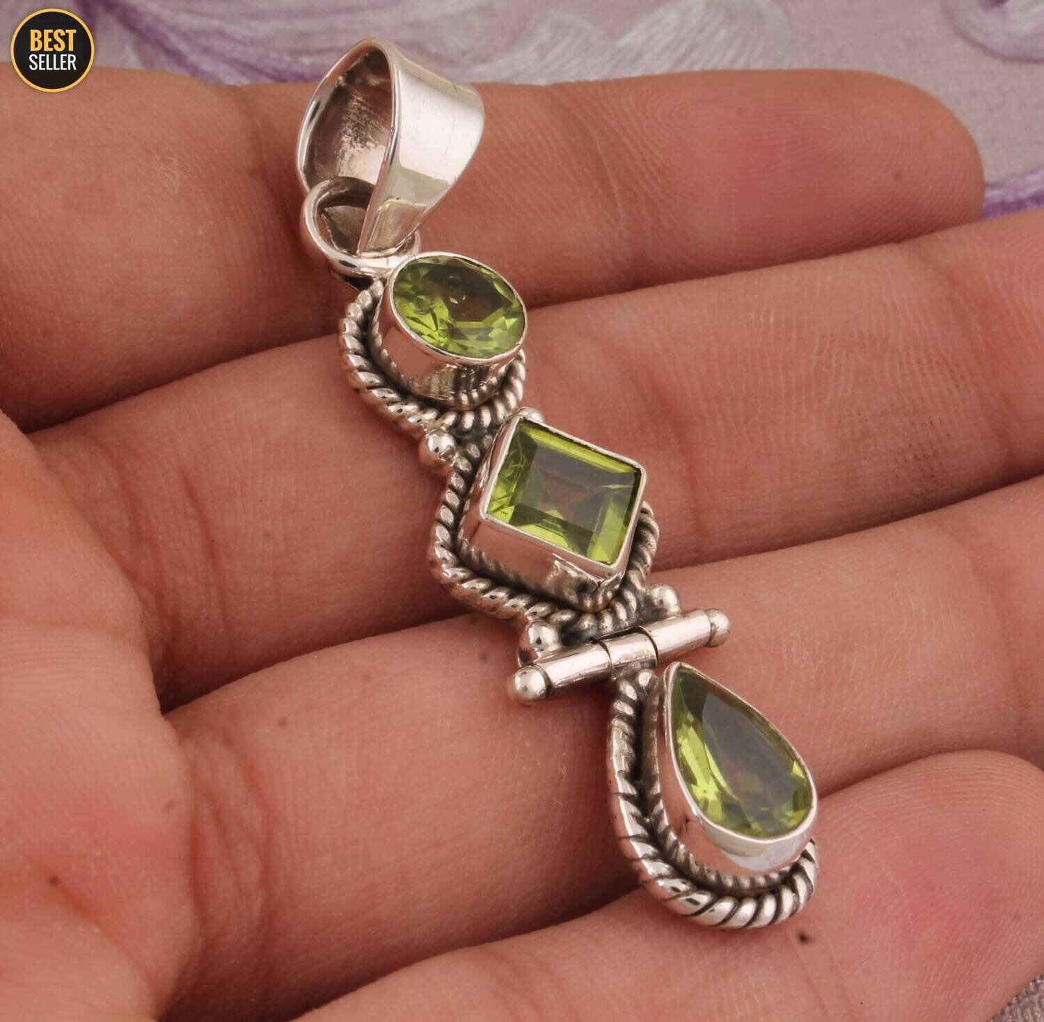 Natural Peridot Top Quality Gemstone Pendant 925-Sterling Silver Pendant,Antique Silver Pendant,Three Stone Pendant,Big Pendant Gift For Her