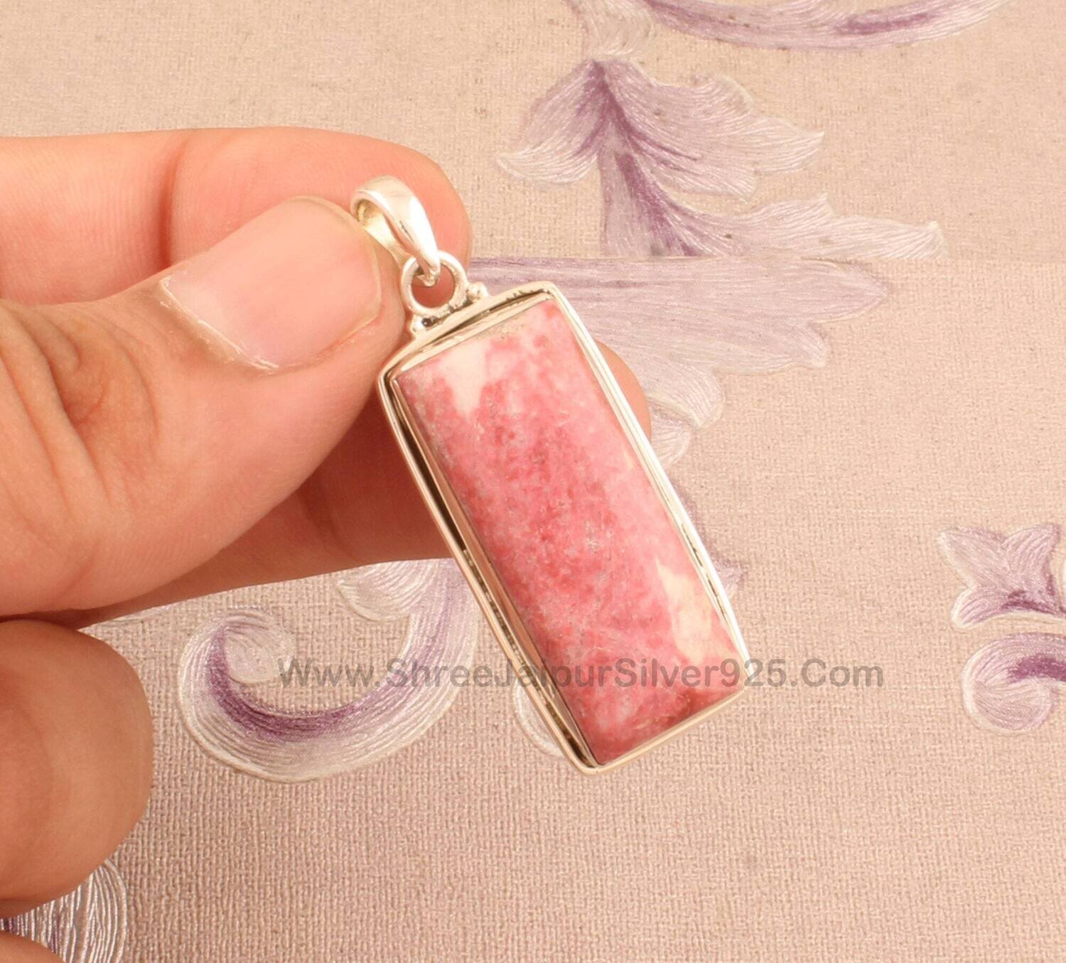 Thulite Necklace Gemstone Pendant, 925 Sterling Silver Pendent, Boho Thulite Rectangle Shape Pendant For Wedding Anniversary woman Gift Idea