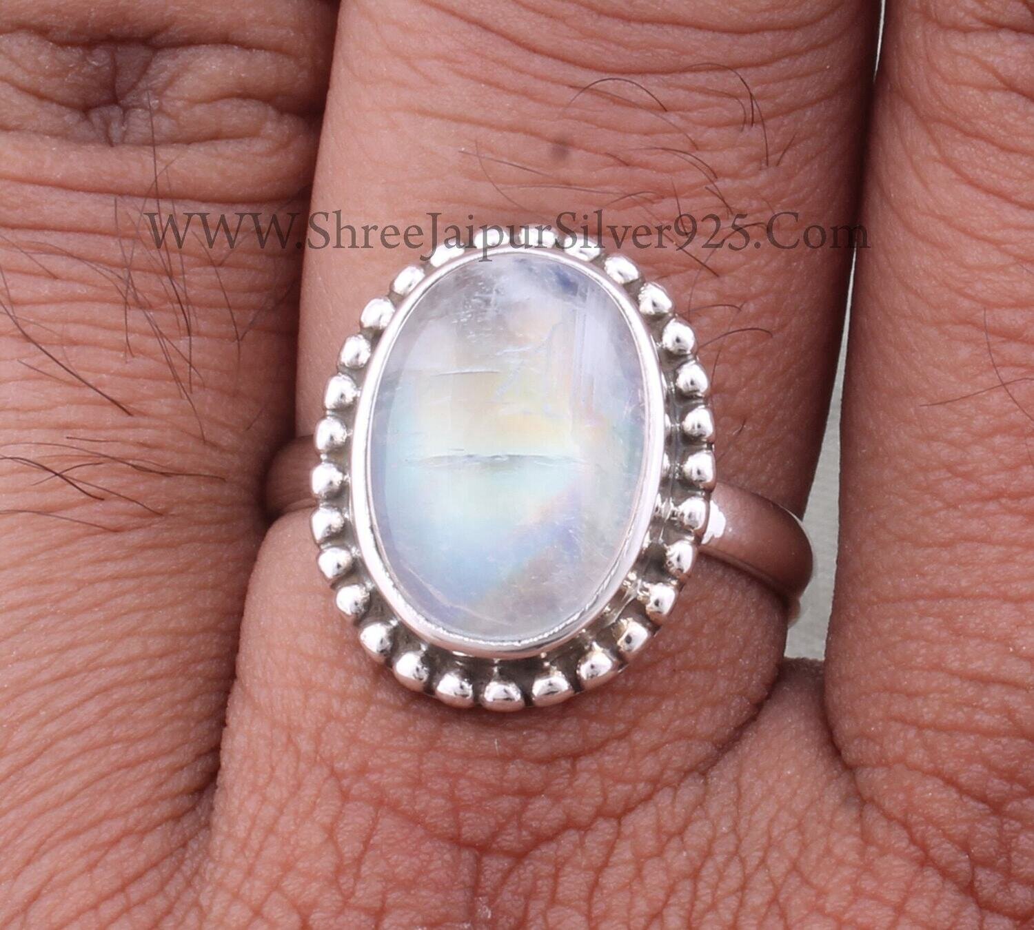 925 Sterling Silver Rings For Women Natural Rainbow Moonstone Ring White Oval Handmade Dotted Silver Jewelry Engagement Dainty Mom Gift Idea