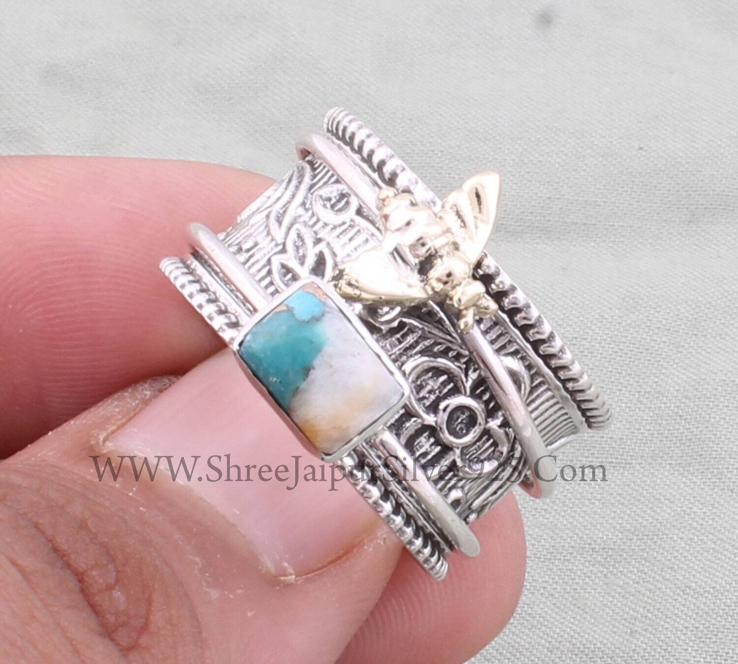 925 Sterling Silver &amp; Brass Oyster Copper Turquoise Spinner Ring, Handmade Honey Bee Engraved Wide Band Fidget Anxiety Ring Gifts For Women