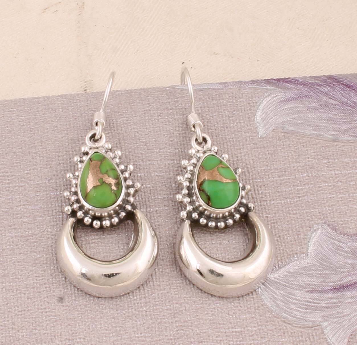 Real Composite Turquoise AAA+Quality Gemstone Earring Cabochon Stone Boho Earring 925-Antique Silver Earring,Wedding Earring Gift For Her
