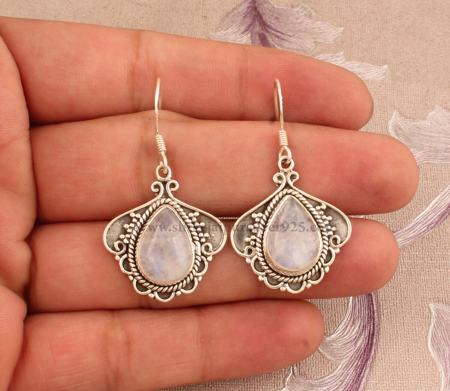 Natural Rainbow Moonstone Solid 925 Sterling Silver Earrings For Women Handmade Pear Stone Indian Earrings For Wedding Anniversary Gift Idea