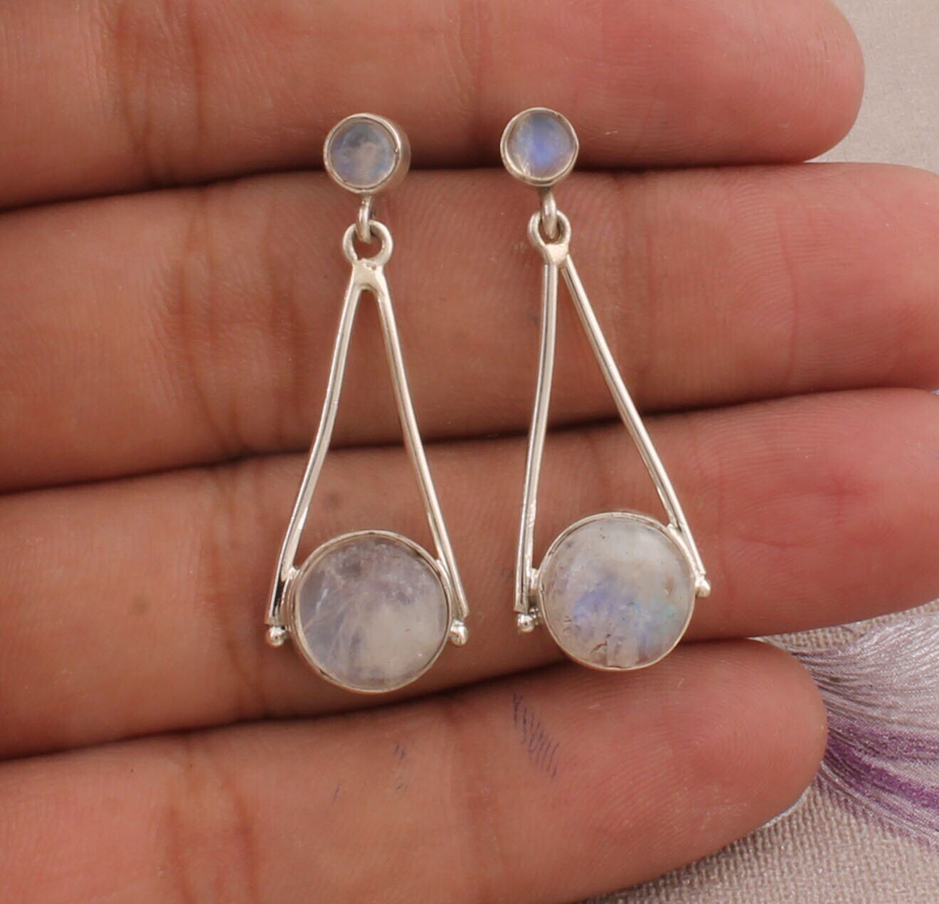 Rainbow Moonstone Gemstone Earring,Cabochon Two Stone Earring 925-Sterling Silver Earring, June Birth Stone Earring, Women's Earring