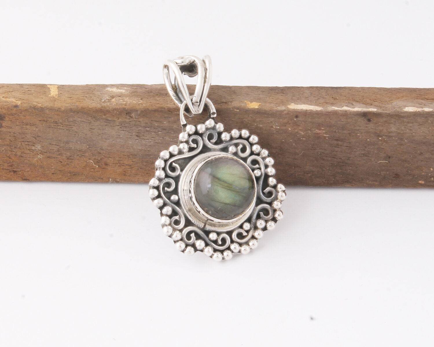 925 Sterling Silver Pendant For Women Natural Labradorite Pendant Blue Round Handmade Gemstone Silver Jewelry Anniversary Gifts For Birthday