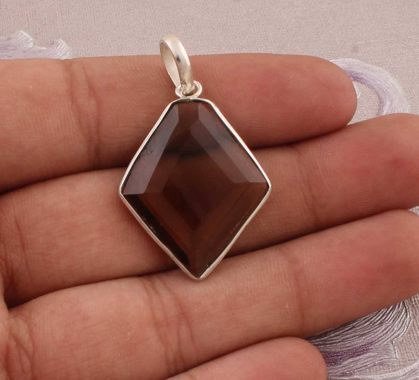 925 Sterling Silver Pendant For Women Natural Smoky Quartz Pendant Brown Square Handmade Gemstone Silver Jewelry Anniversary Gift For Sister