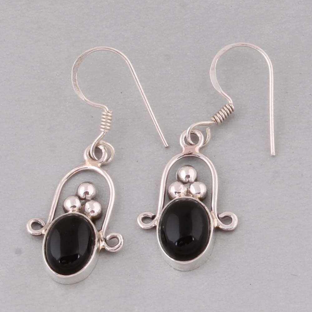 Handcrafted Earring With Natural Black Onyx Gemstone Earring Cabochon Transparency Stone Boho Earrings 925-Silver Earrings Christmas