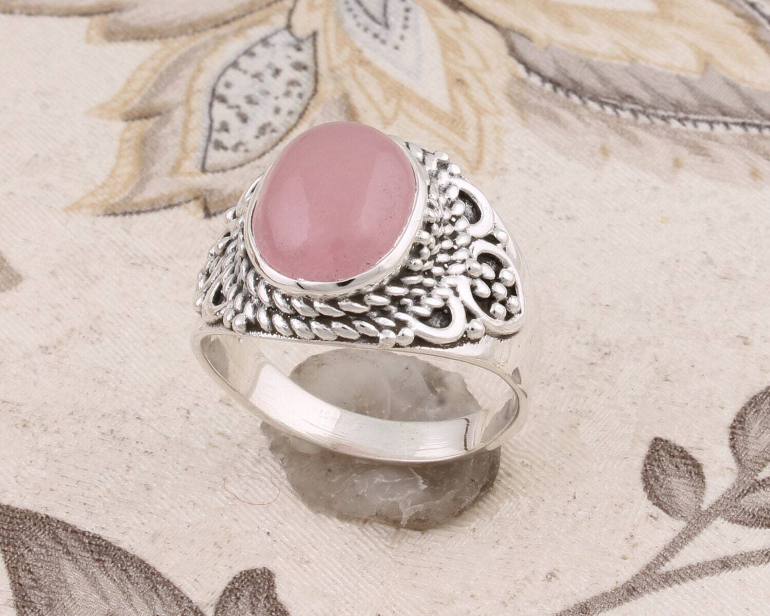 Ring Finger Ring With Natural Pink Jade Gemstone Handcrafted Ring Cabochon Stone Charm Ring 925-Sterling Solid Silver Ring Gift For You !