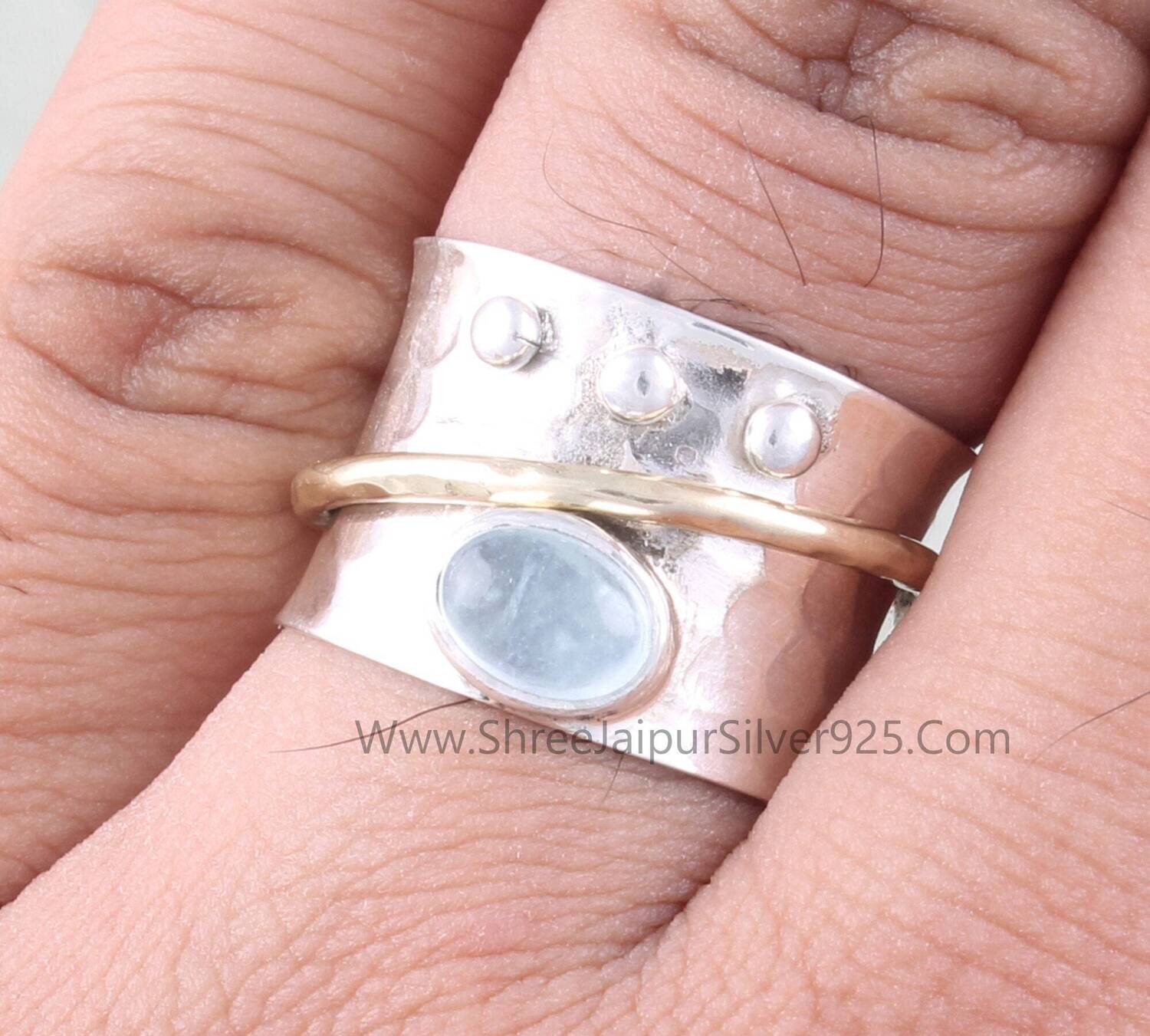 Top Aquamarine Solid 925 Sterling Silver Spinner Ring For Women, Handmade Hammered Band Two Tone Anxiety Fidget Ring Gifts Anniversary