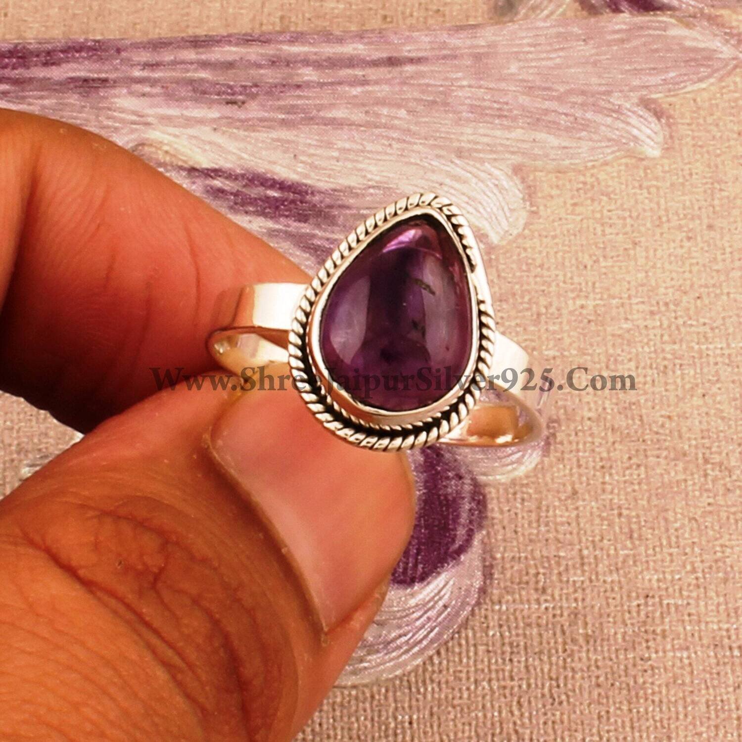 Natural Amethyst Solid 925 Sterling Silver Pear Gemstone Ring For Women, Boho Handmade Stone Silver Ring For Wedding Anniversary Gift idea
