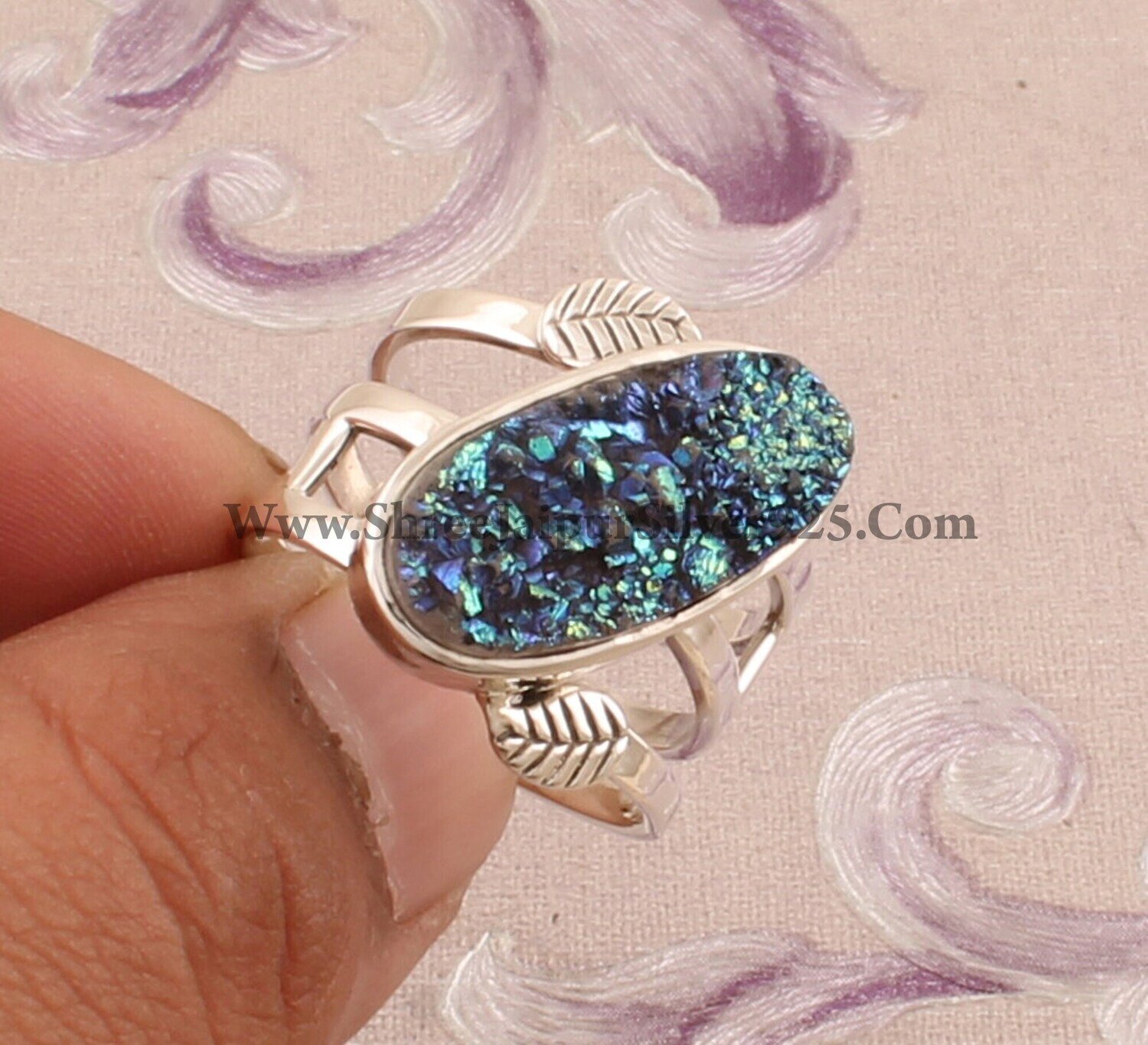 925 Sterling Silver Titanium Druzy Oval Rings, Designer Handmade Silver Carved Leaves Double Band Rings, Women Jewelry, Valentine's Day Gift
