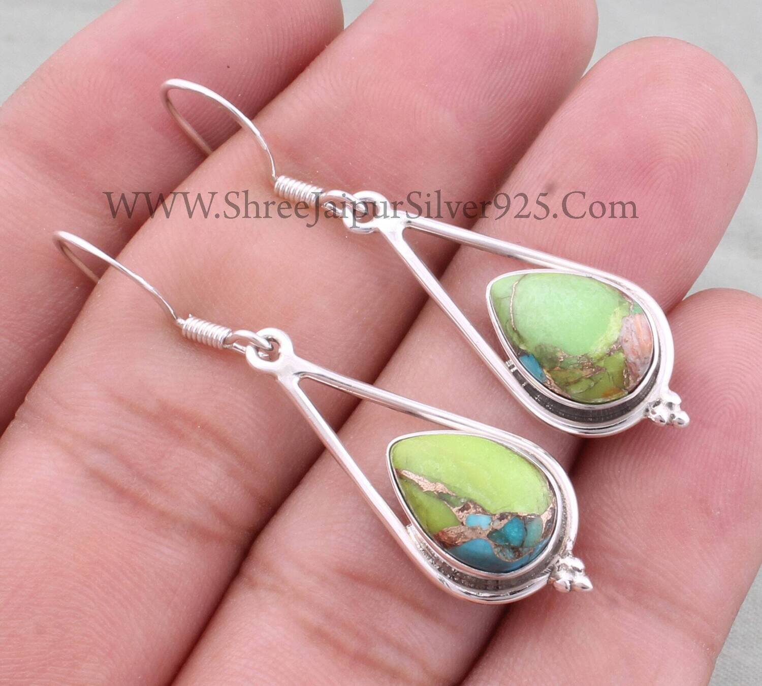 Mix Copper Turquoise Pear Gemstone Solid 925 Sterling Silver Earrings For Women, Handmade Silver Earrings For Wedding Anniversary Gift Idea