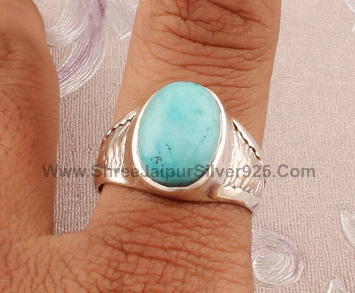 Tibetan Turquoise Oval Gemstone Ring, 925 Sterling Silver Handmade Gemstone Ring, Designer Textured Silver Band Ring, Wedding Gift For Her