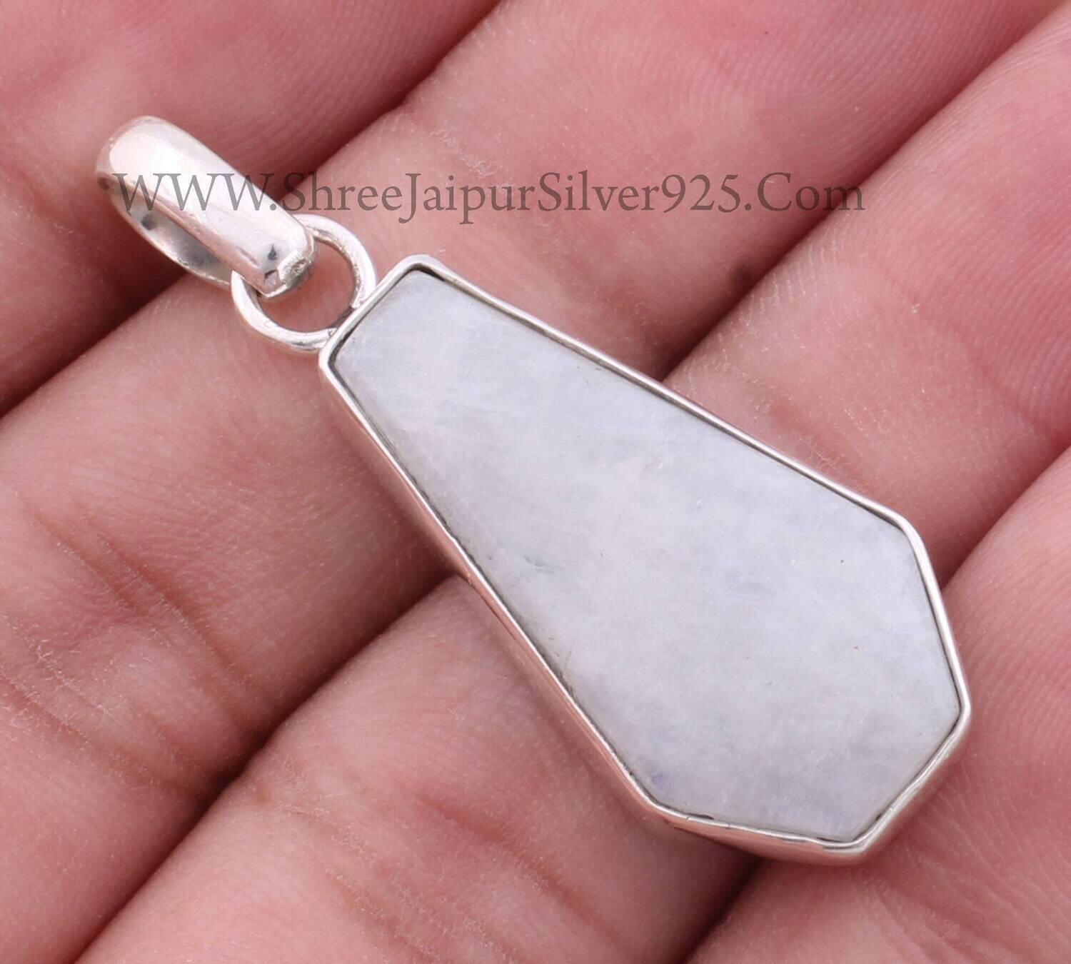 925 Sterling Silver Rainbow Moonstone Pendant Designer Smooth Coffin Shape Gemstone Pendant, Handmade Silver Pendant, Bridal Wedding Jewelry