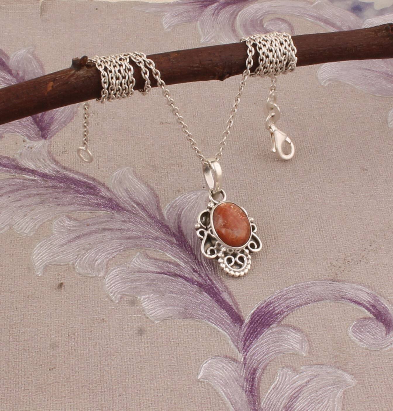 925 Sterling Silver Pendant For Women Natural Sunstone Pendant Orange Red Oval Handmade Gemstone Rustic 925 Silver Jewelry Anniversary Gifts