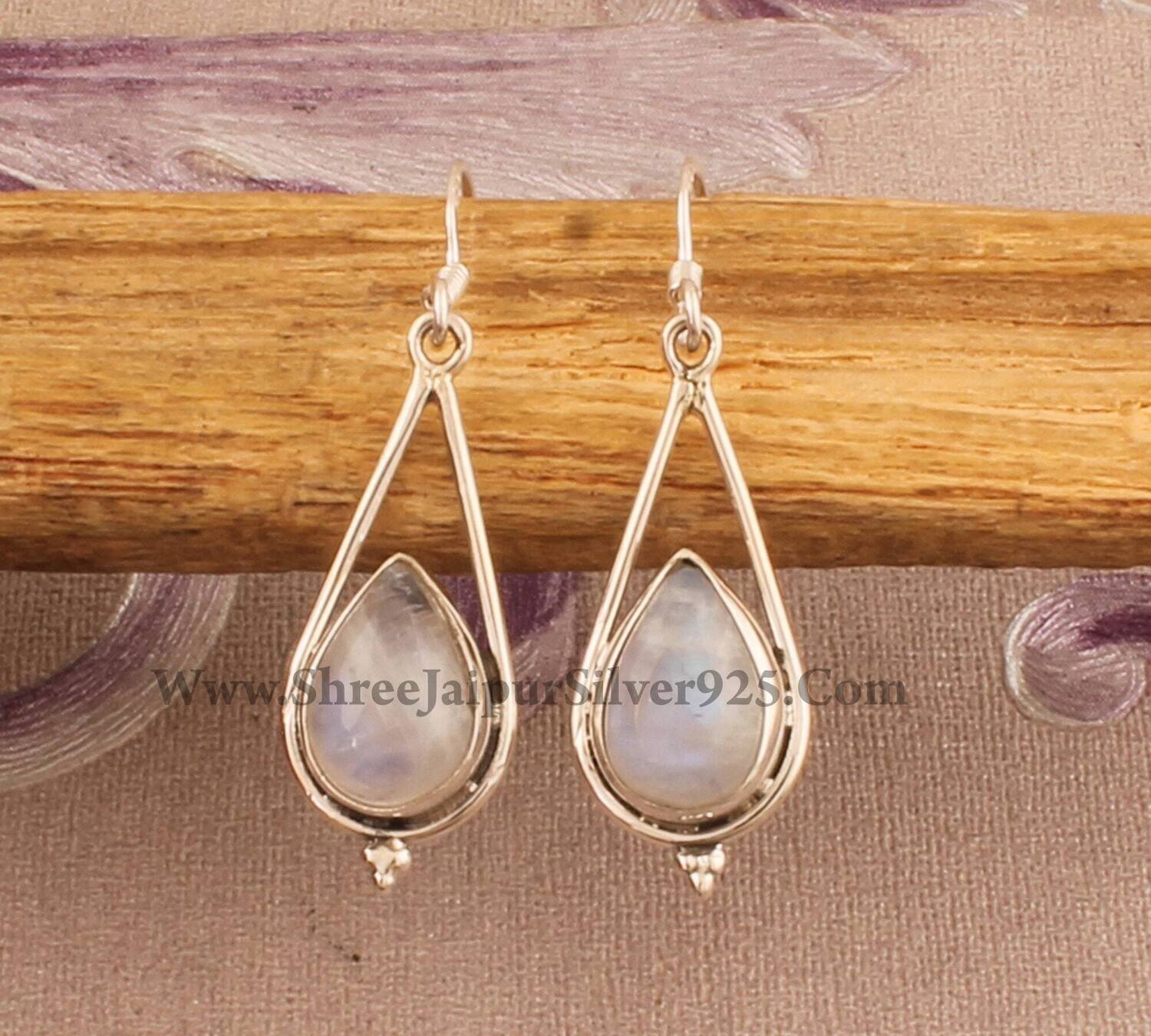 Natural Rainbow Moonstone Pear Stone Solid 925 Sterling Silver Earrings For Women Handmade Boho Silver Earrings For Wedding Anniversary Gift