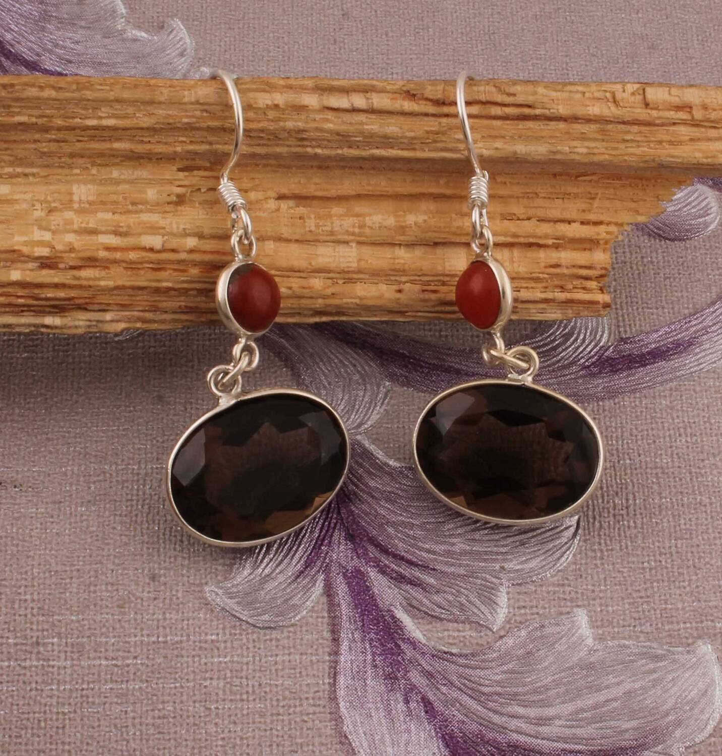 Gemstone Earring Smokey+Red Onyx Gemstone Earring 925-Sterling Silver Earring Big Size Earring Two Stone's Earring One-Of-Kind ItemCyber2021