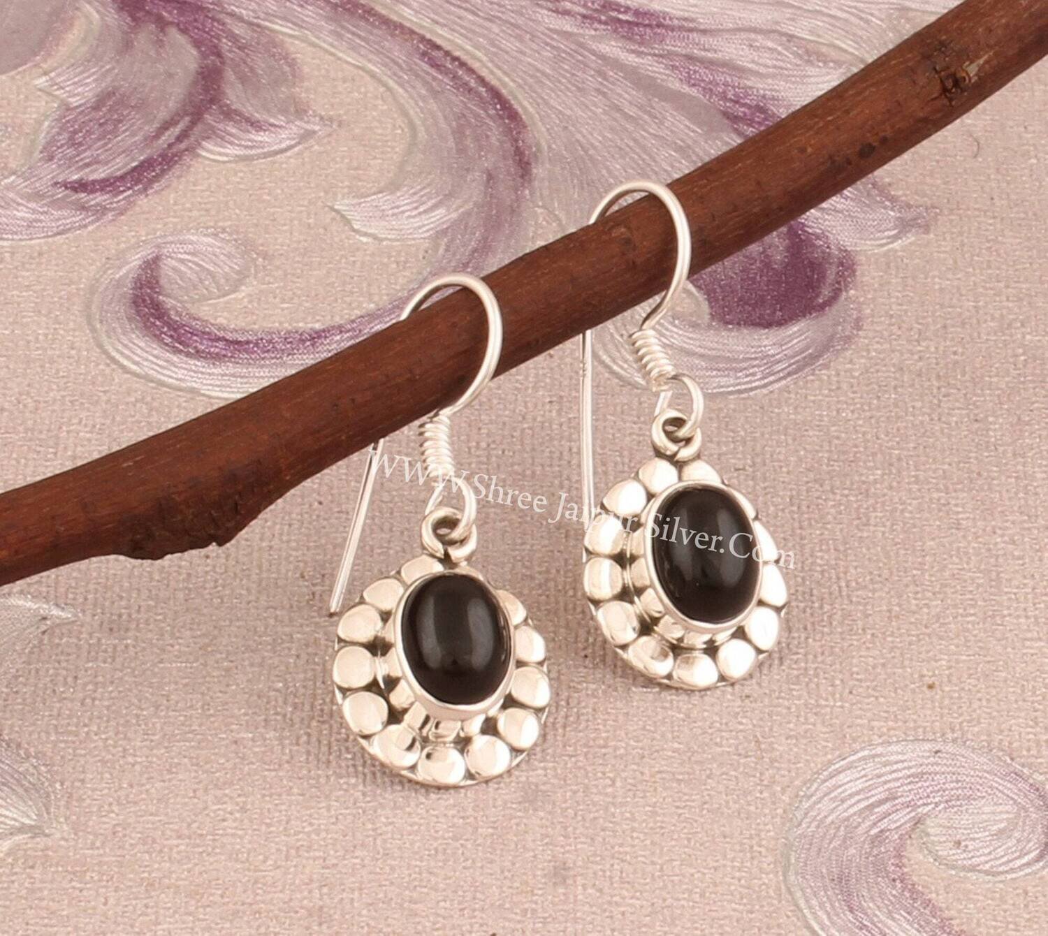 925 Sterling Silver Black Onyx Oval Shape Gemstone Earrings, Handmade Designer Flower Silver Earrings, Valentine's Day Jewelry, Gift For her