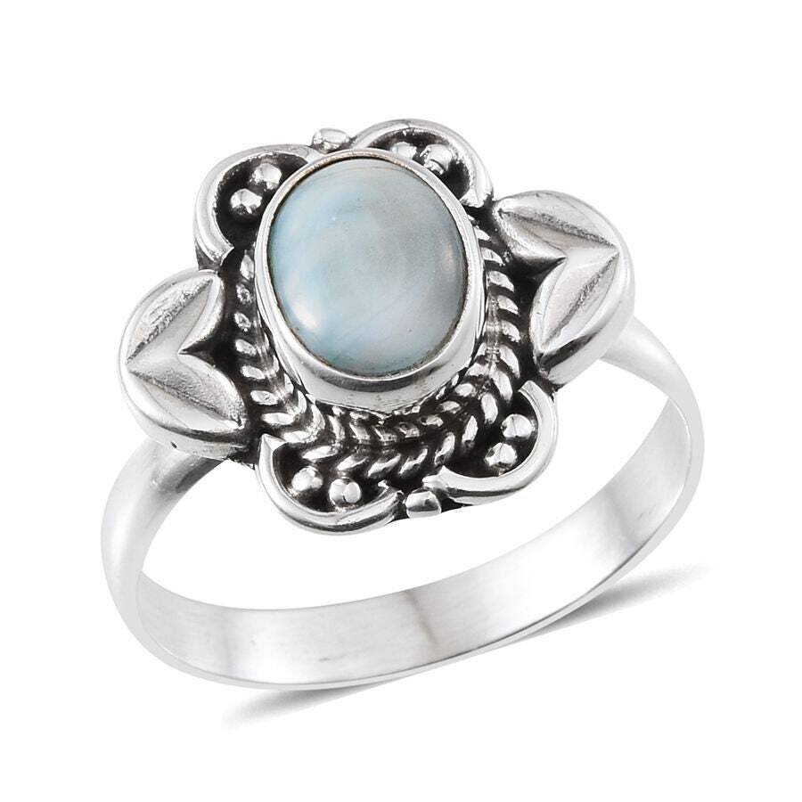 Larimar Gemstone Handcrafted Ring Cabochon Opaque Stone Boho Ring 925-Sterling Solid Silver Ring,Middle Finger Ring Gift For Her Christmas