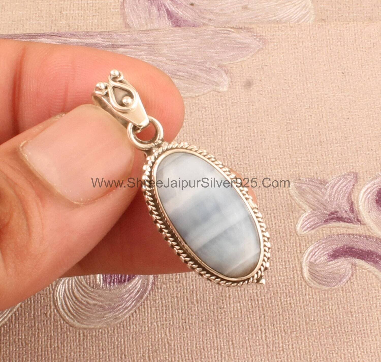 Natural Blue Opal Solid 925 Sterling Silver Necklace Pendant For Women, Handmade Opal Oval Stone Pendant For Wedding Anniversary Gift Idea