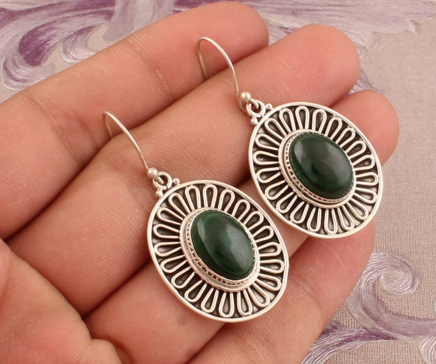 925 Sterling Silver Natural Malachite Gemstone Earrings, Designer Handmade Flower Boho Silver Earrings, Valentines Day Gift