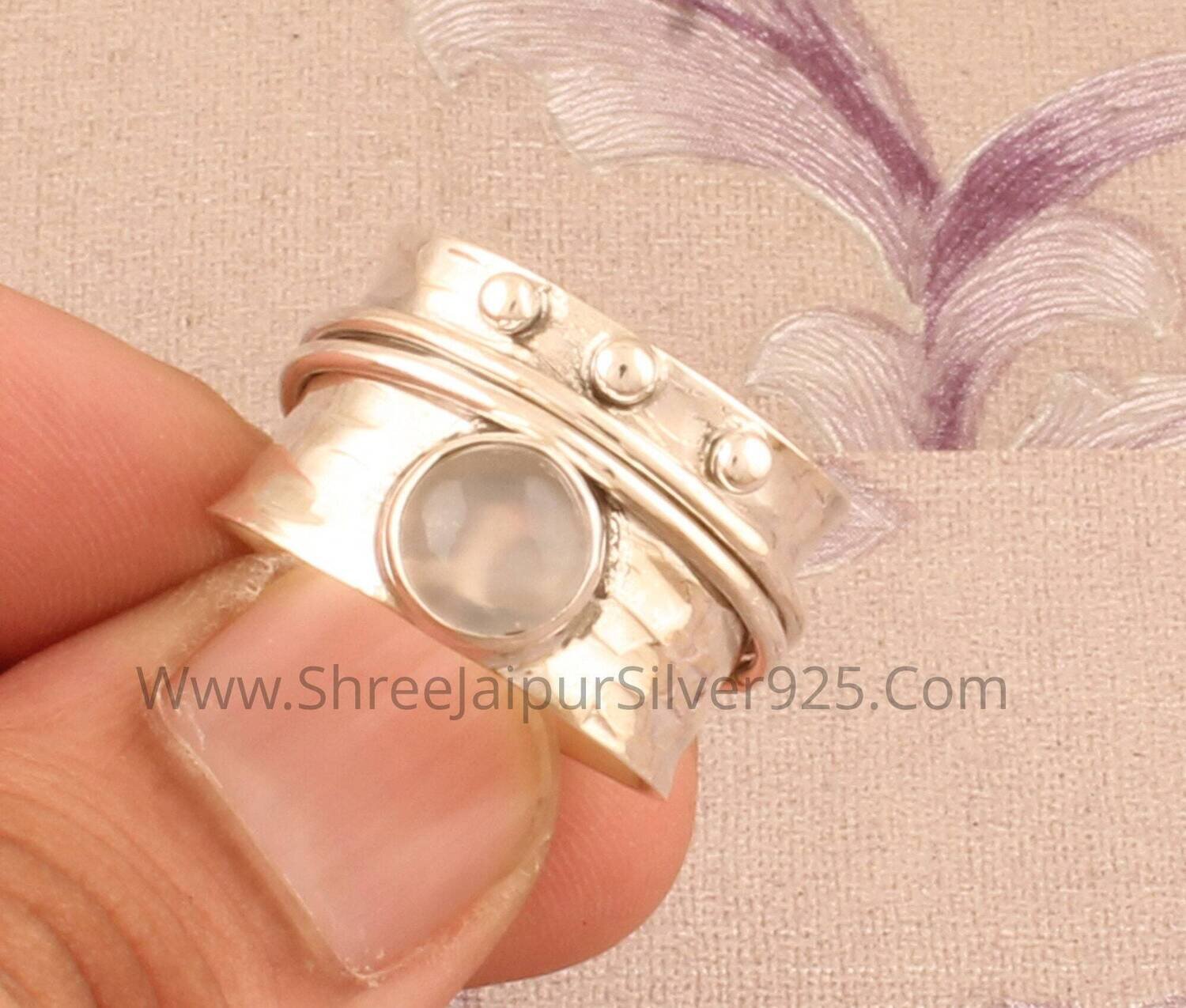 Rose Quartz Hammered Silver Band Ring Solid 925 Sterling Silver Spinner Ring For Women, Handmade Round Stone Ring, Meditation Boho Jewelry