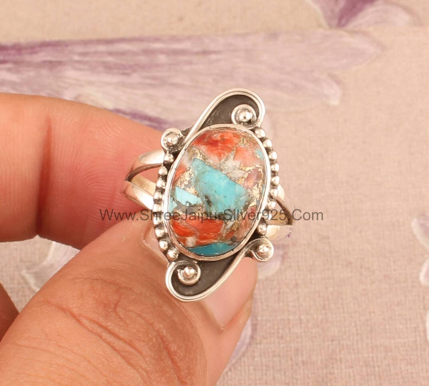 Oyster Copper Turquoise Solid 925 Sterling Silver Adjustable Ring For Women, Handmade Mix Oyster Oval Ring For Wedding Anniversary Gift Idea