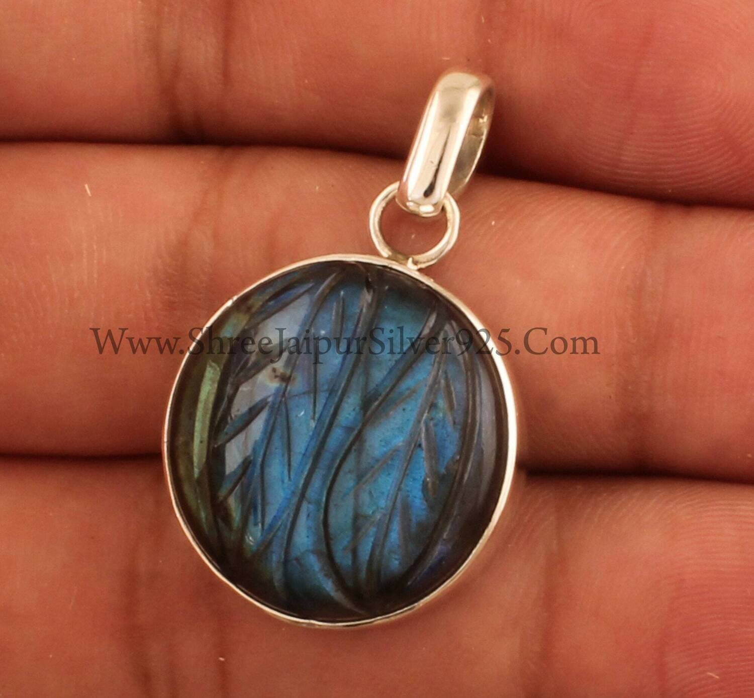 Blue Fire Hand Carved Natural Labradorite Silver Round Necklace Pendant, 925 Sterling Silver Carved Leaves Gemstone Pendant For Anniversary