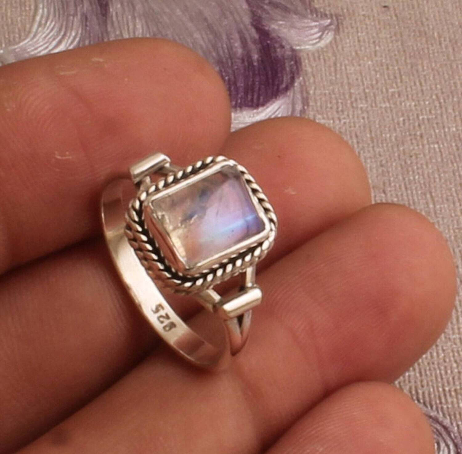 Rainbow Moonstone Silver Ring, 925 Sterling Silver Rectangle Shape Gemstone Ring, Designer Handcrafted Ring, Engagement Ring, Gift Idea