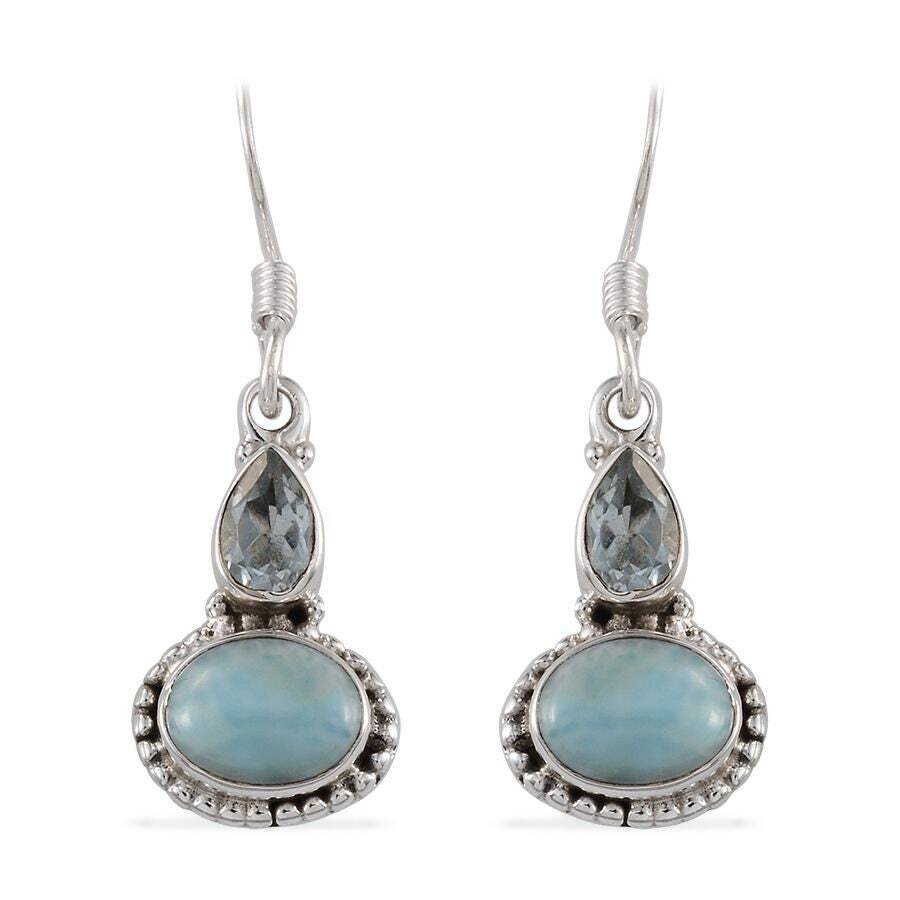 Combo Earring With Natural Larimar+Blue Topaz Gemstone Earring Cabochon &amp; Cut Stone's Earring 925-Antique Silver Christmas Etsy Cyber-2021
