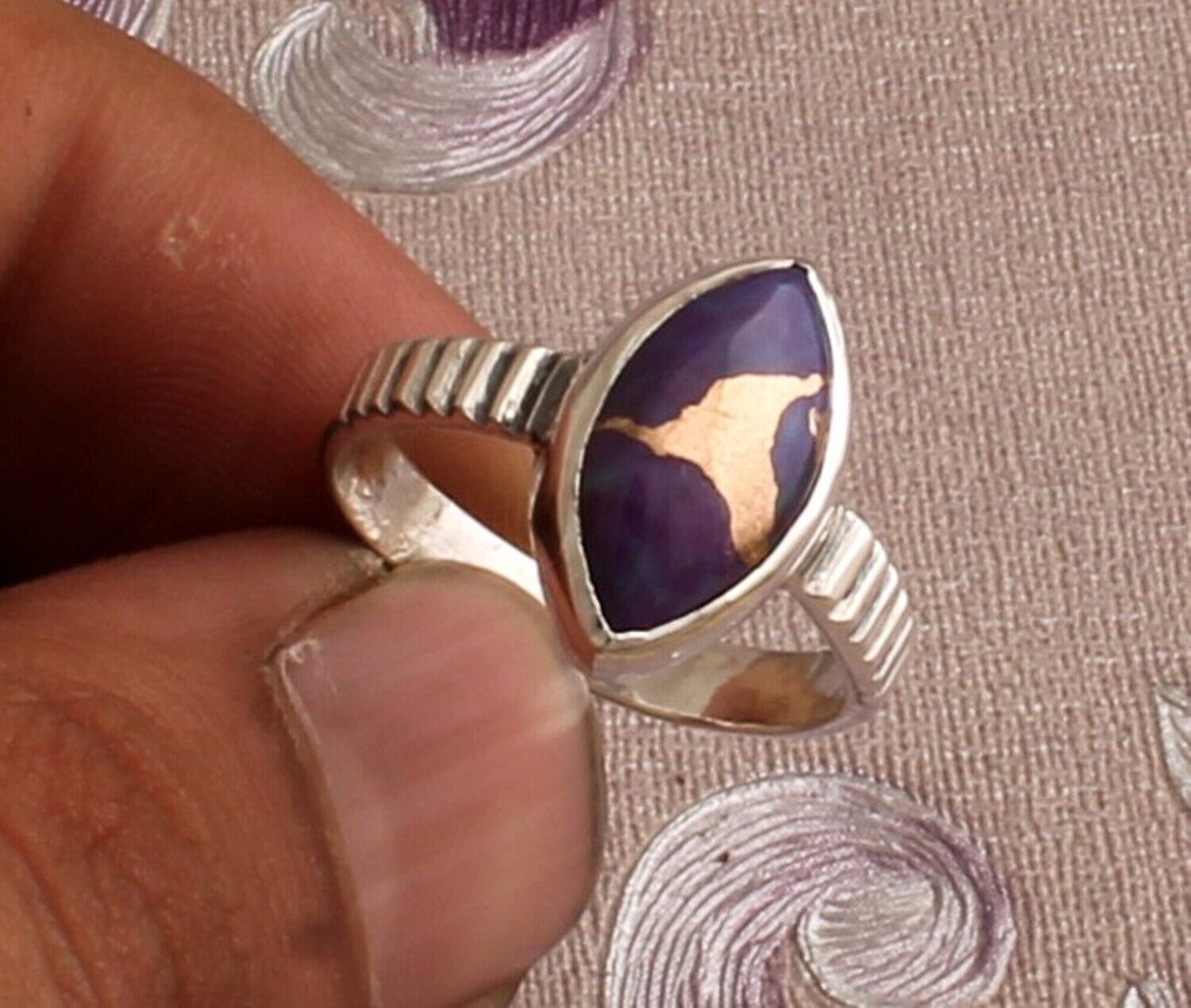 Purple Copper Turquoise Silver Ring, 925 Sterling Silver Marquise Shape Gemstone Ring, Designer Handmade Ring, Engagement Ring, Gift Idea