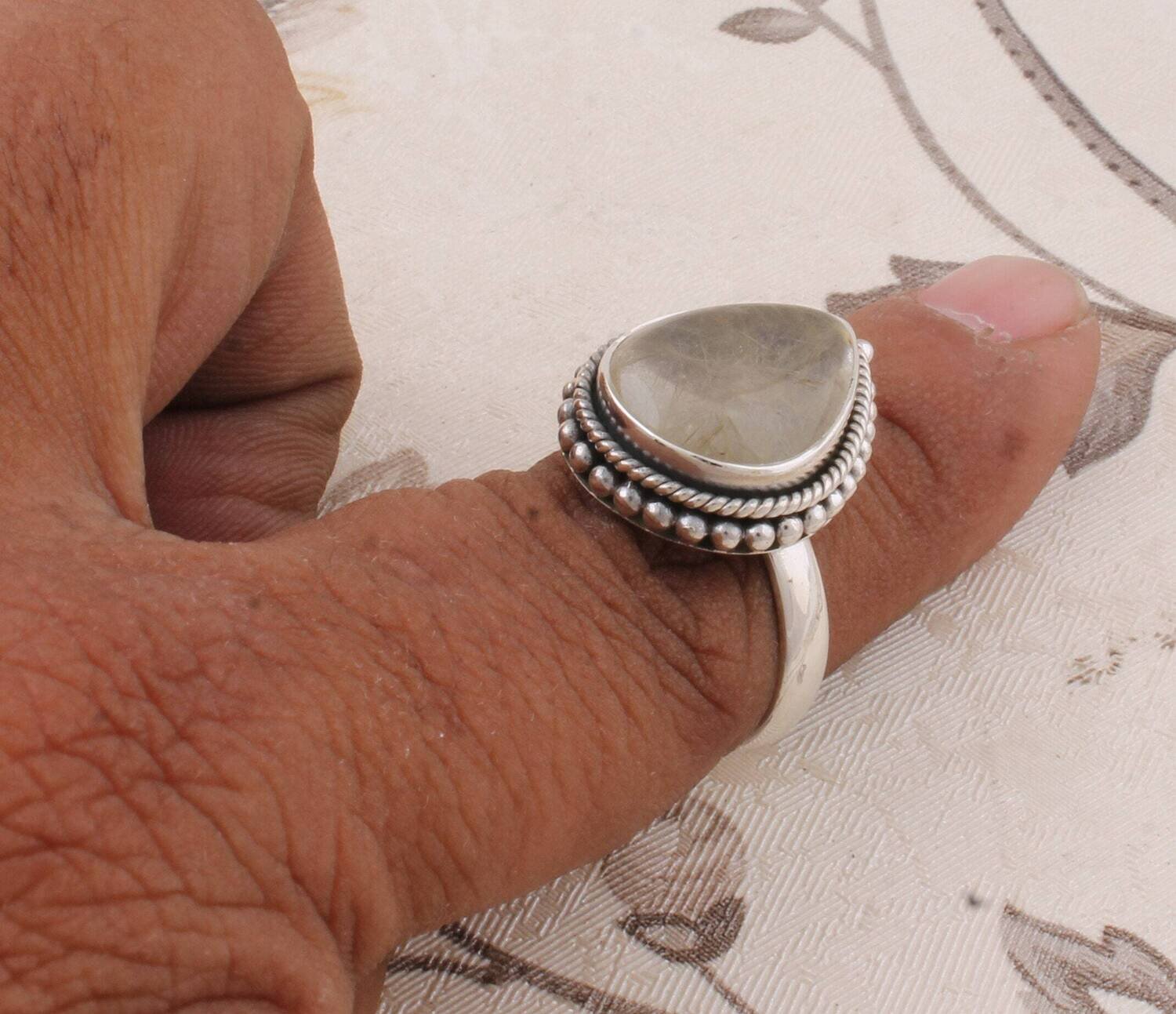 Solid 925-Sterling Silver Ring Natural Garden Quartz Gemstone Cabochon &amp; Top Rare Stone Boho Ring Handmade Charm Ring (Ring Finger Ring )
