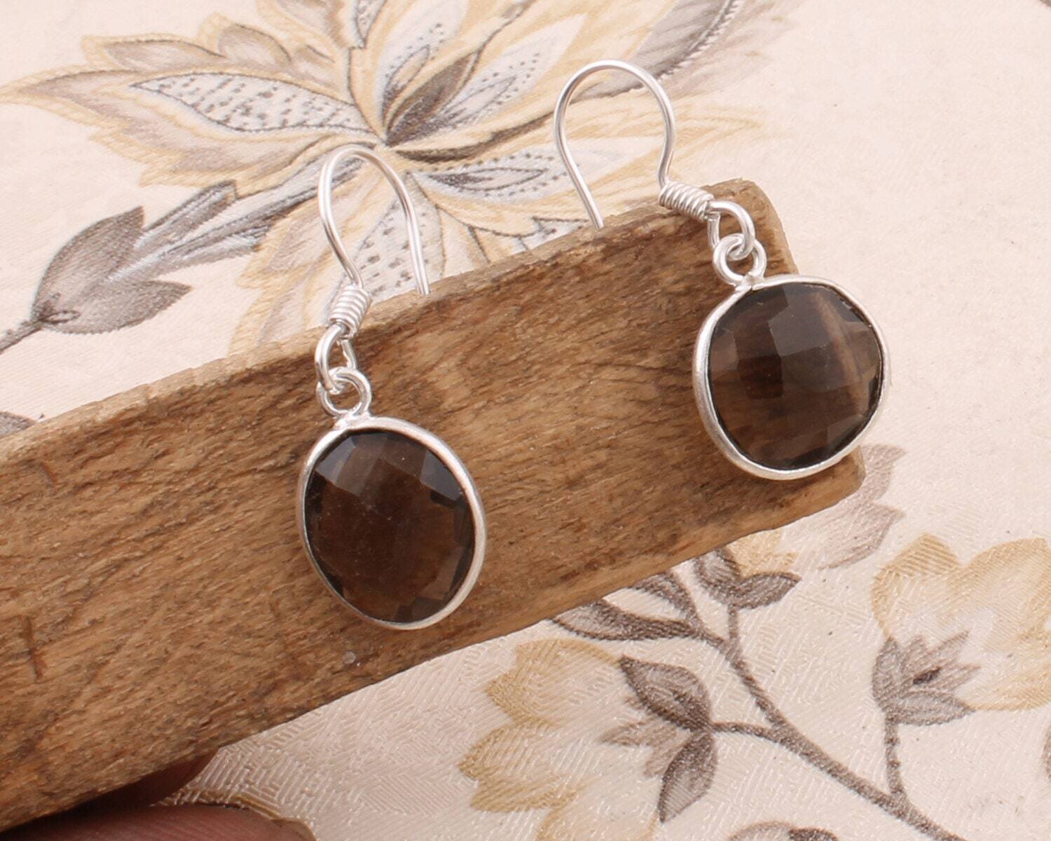 Boho Earring Natural Smokey Gemstone Earring Cut &amp; Transparency Stone Handcrafted Earring 925 Sterling Solid Silver Earring  (Charm Earring)