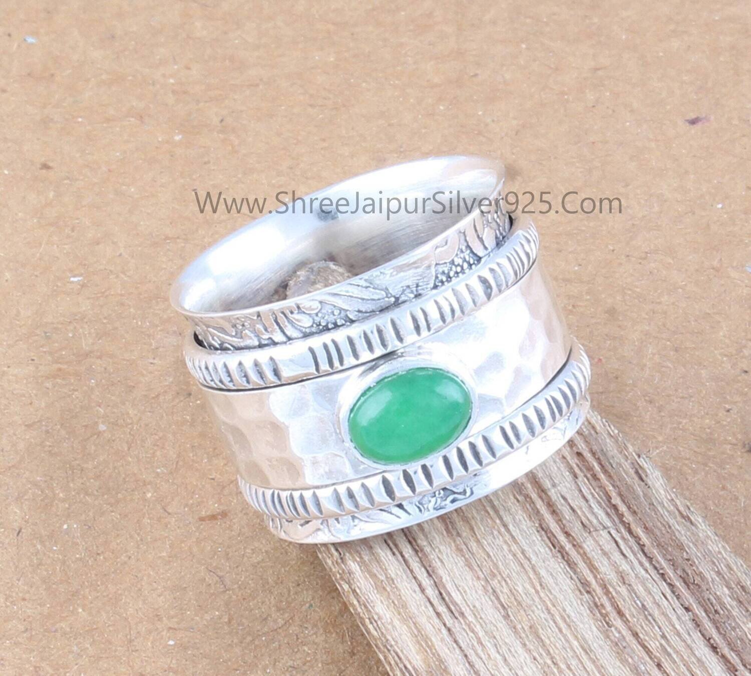 Green Jade Engraved Band Solid 925 Sterling Silver Spinner Ring For Women, Handmade Hammered Band Anxiety Fidget Ring Gifts For Anniversary