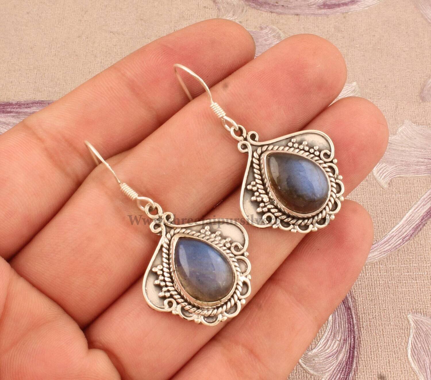 Natural Labradorite Solid 925 Sterling Silver Earrings For Women, Handmade Pear Stone Indian Earrings For Wedding Anniversary Gift For Her