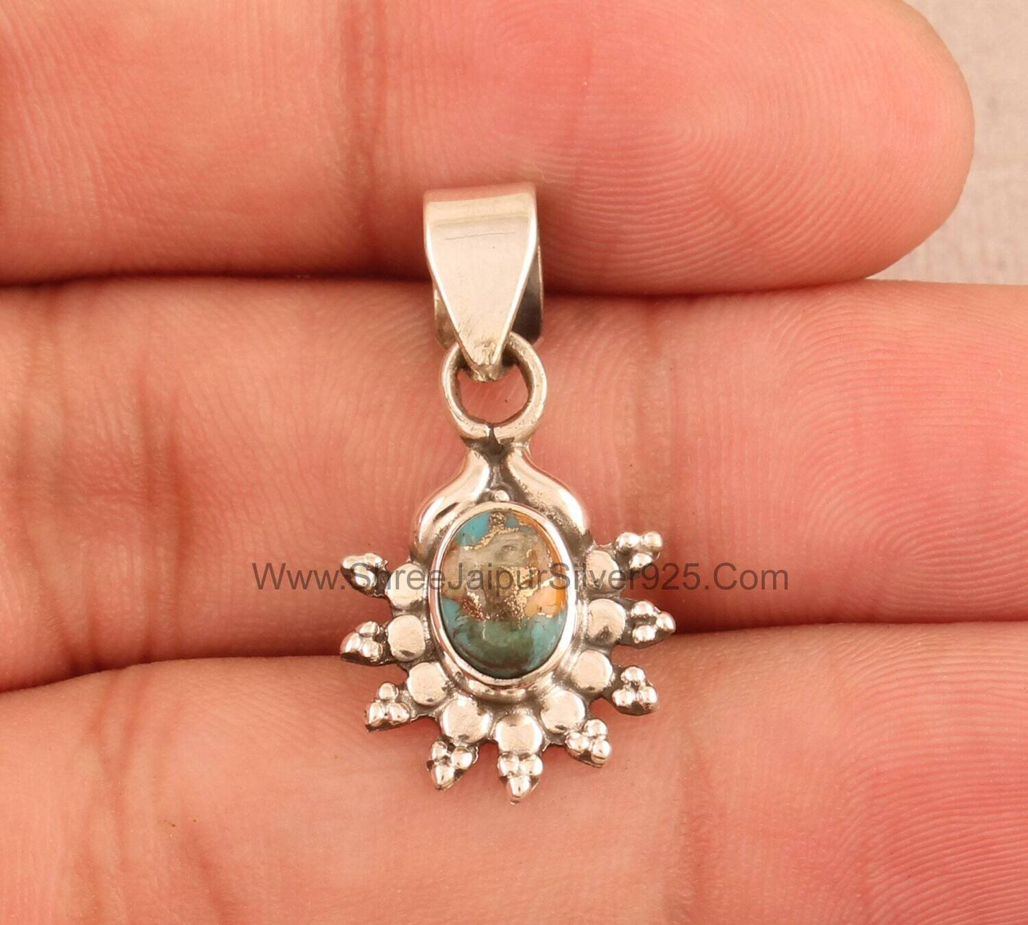 Oyster Copper Turquoise Solid 925 Sterling Silver Necklace Pendant For Women, Handmade Oval Stone Sun Pendant For Wedding Anniversary Gift
