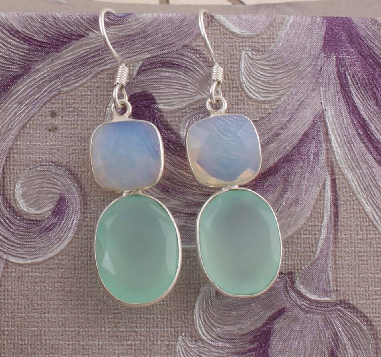 Combo Gemstone Earring Moonstone+Aquacalci Gemstone Earring 925-Sterling Silver Earring Big Size Two Stone Earring Long Gift Earring