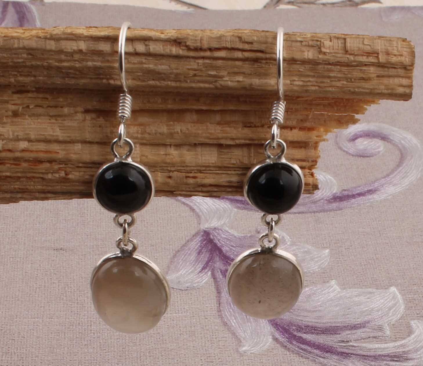 Combo Gemstone Earring Black Onyx+Peach Moonstone Gemstone Earring Sterling Silver Earring Big Size Two Stone Earring Gift For Her Earring